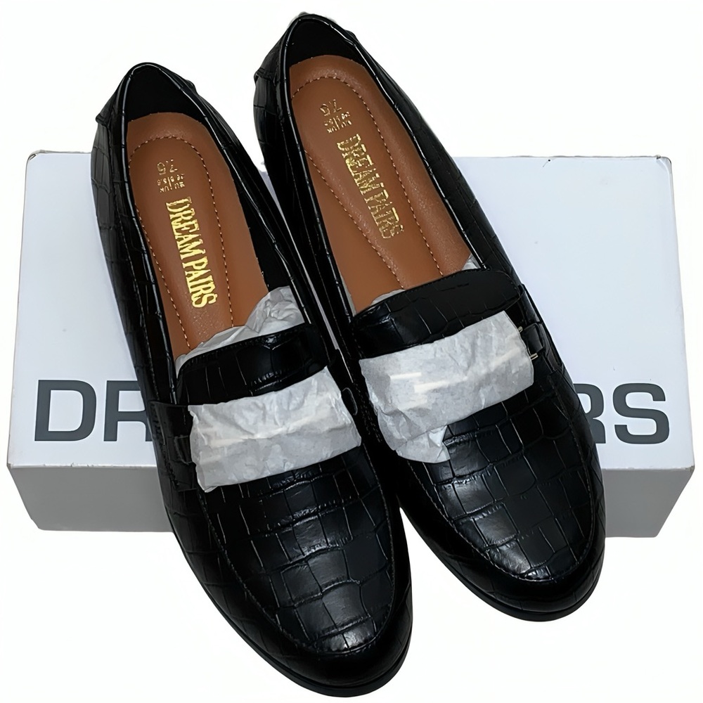 NIB Dream Pairs Black Croc Penny Loafers Women’s 7.5 Slip On Comfort Work Flats